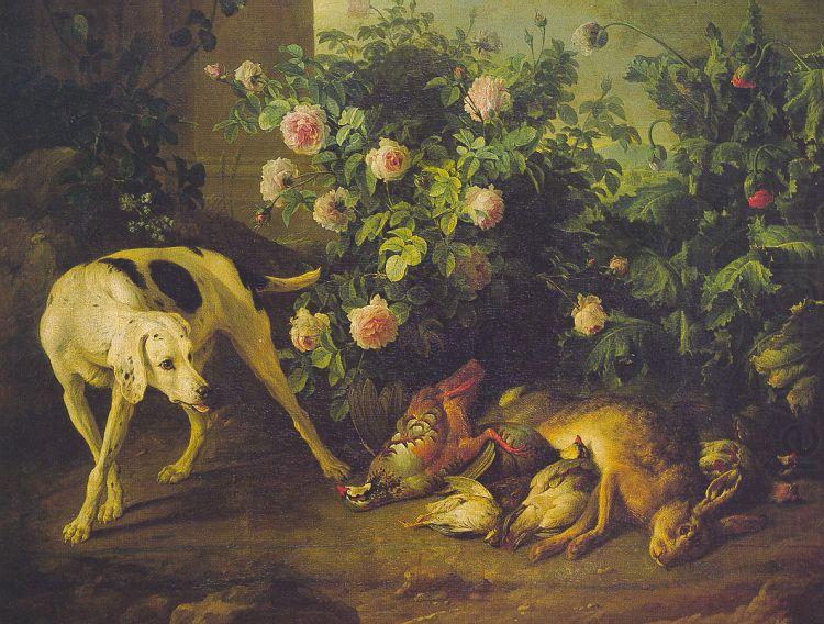 Dog Guarding Game near a Rosebush, Francois Desportes